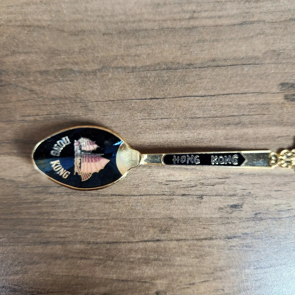 Vintage Hong Kong Souvenir Spoons Gold Tone Set of 2 Black White